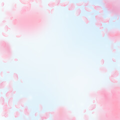 Obraz na płótnie Canvas Sakura petals falling down. Romantic pink flowers vignette. Flying petals on blue sky square backgro