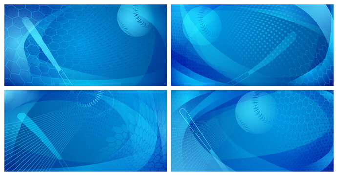 Set of four backgrounds with baseball bat and ball in blue colors
