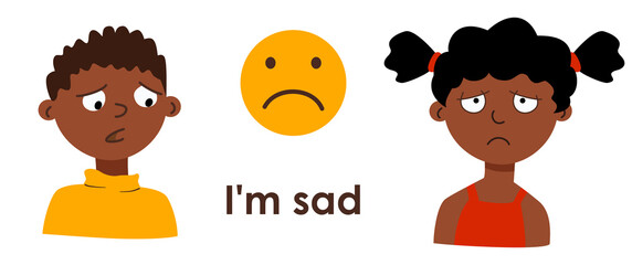 Sad children. Boy and girl with sad facial expressions. Emotions of regret, pain, resentment, loneliness, upset, depressed. Cartoon characters, educational emoticon. Afro american kids. Vector