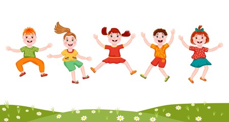Small children, boys and girls, jumping and smiling with their hands up. Illustration, vector, EPS 10