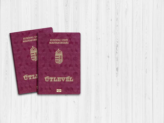Hungarian passport On a wooden table, European Union countries