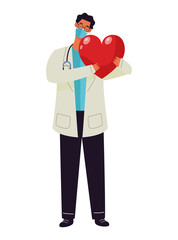 male doctor wearing medical mask and stethoscope with heart