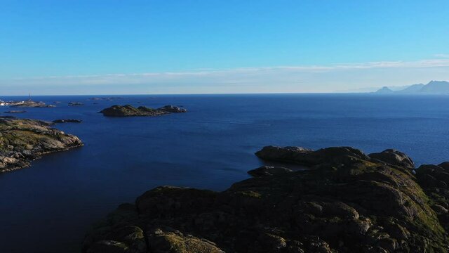 Aerial drone view over the sea, searching for whales on the coast of Lofoten, Norway