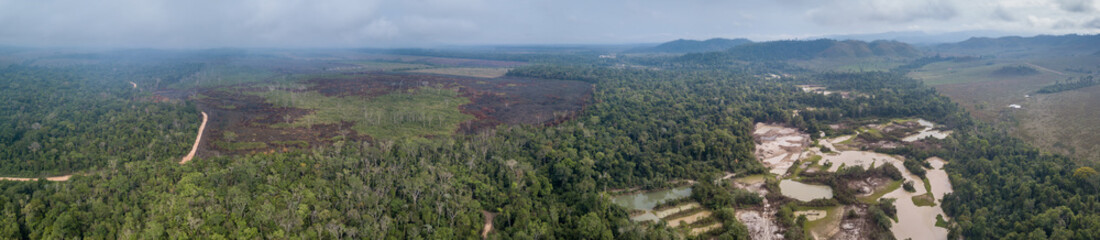 Fototapeta na wymiar Panoramic aerial view of deforestation in the Amazon rainforest, illegal gold mining, forest fire burn for cattle pasture farm, river with mercury and dirt road. Concept of ecology, environment. 