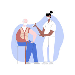 Coronavirus vaccination, doctor injecting a patient, getting shot of covid-19 vaccine. A nurse giving a coronavirus vaccine to an elderly man, concept illustration for immunity health.