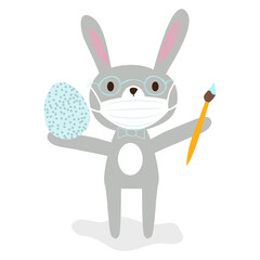 Nice cartoon grey rabbit in glasses with protective medical face mask holding a brush and easter egg. Happy easter stay home, stay safe, stay health greeting card on white background. Clip art. 