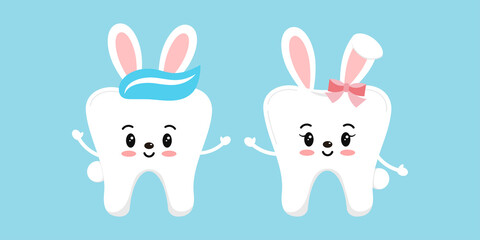 Obraz na płótnie Canvas Easter bunny rabbit teeth dental icon set isolated. Dentist easter cute white tooth character with bunny ears and tail. Flat design cartoon vector kids dentistry clip art illustration.