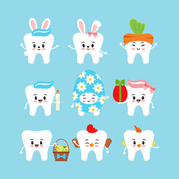 Easter cute teeth dental icon set isolated. Dentist white tooth character with bunny ears, easter basket, candle, in egg, hen, chicken costume. Flat cartoon vector kids dentistry clip art illustration