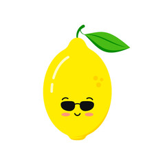 Cute lemon in sunglases icon isolated on white background. Funny cartoon summer character - smiling citrus fruit emoticon. Fresh yellow lemon with green leaf mascot flat design vector illustration.