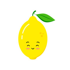Cute lemon citrus fruit icon isolated on white background. Funny cartoon style summer character - smiling lemon emoticon. Fresh yellow lemon with green leaf mascot flat design vector illustration.