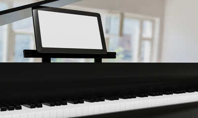 Fototapeta premium Learn piano online by yourself. Use a tablet or computer to learn piano tutorials online. The black grand piano has a tablet placed on a notebook stand. 3D Rendering.