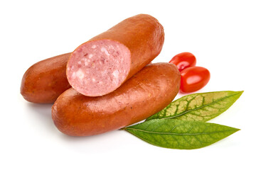 Smoked German Sausages, isolated on white background. High resolution image