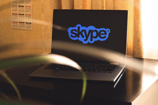 Kharkov, Ukraine - February 23, 2021: Skype logo on laptop screen