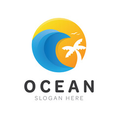 Abstract design of ocean logo with waves and seagulls. Vector illustration