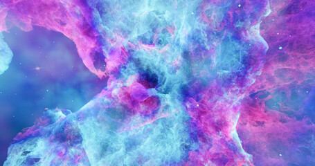 Aerosol clouds, space haze or cosmic rays, pink, pastel blue, space sky with many stars. Travel in the universe. 3D Rendering