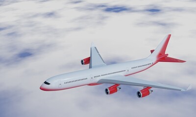Passenger plane White red stripes flying in the sky on a bright blue day, white clouds in the daytime. To view, see the top of the machine And the upper wing. 3D Rendering.
