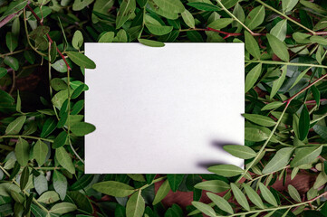 Paper Card Mockup on a Green Leaves for design of invitation, advertising card.