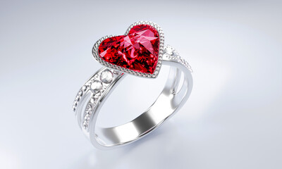 The large red diamond heart shape is surrounded by many diamonds on the ring made of platinum gold placed on a gray background. Elegant wedding diamond ring for women.  3d rendering