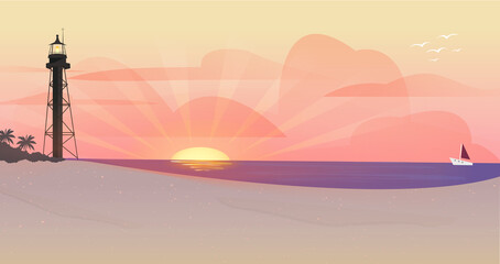 Beach sunset with lighthouse vector illustration 