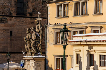 Medieval ancient Charles Bridge landmark looking toward Lesser Town, gothic stone bridge tower with...