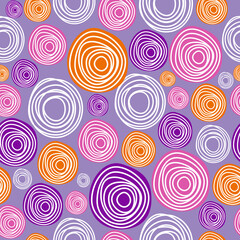 Fototapeta na wymiar Ornament From Multicolored Circular Elements. Purple Pink And Orange Circles. Seamless Background For Decoration. 