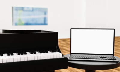 Learn piano online by yourself. Use a tablet or computer to learn piano tutorials online. The black grand piano has a tablet placed on a notebook stand. 3D Rendering.