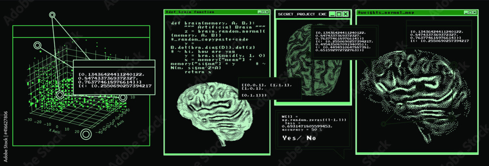 Poster Sci-fi futuristic dashboard with message boxes and windows. Computer screen of scientist's desktop with brain MRI scans, programs and charts.