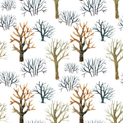 Hand drawn seamless pattern made of trees on white background