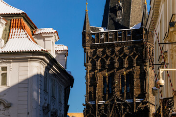 Naklejka premium Architectural parts of gothic Powder gate tower, Celetna Street, stone carved art ornament detail, medieval ancient, Stare Mesto or Old Town district, Prague, Czech Republic