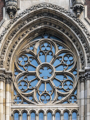 LVIV, UKRAINE - FEBRUARY 20, 2021: Exterior of the Greek Catholic Church of Sts. Olha and Elizabeth. Central Portal and Rose Window.