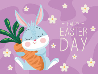 happy easter lettering card with cute rabbit hugging carrot