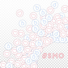 Social media icons. Smo concept. Falling scattered thumbs up hearts. Radiant right bottom corner ele