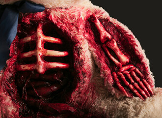 bear on a gray background close-up with a skeletonized hand and a torn abdomen covered in blood....
