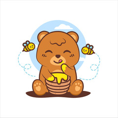 cute brown bear sit and enjoying honey