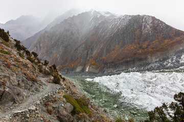 Massive glacier ice field in mountains Rakaposhi base camp. High quality photo