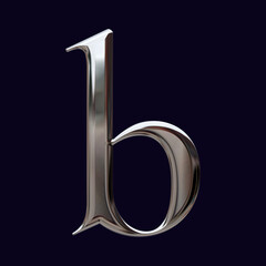 Alphabet letter b with glossy metal texture (chrome, steel, silver), 3D rendering,  metallic font, premium lowercase typography for poster, banner, cover	