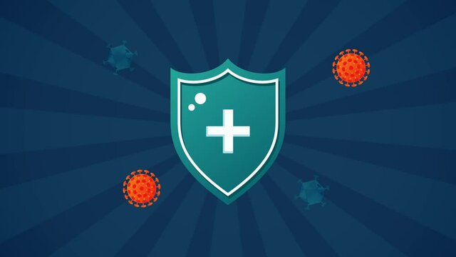 covid19 virus particles with shield guard animation