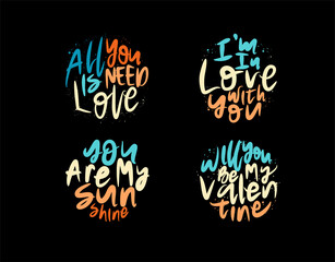 Set lettering Text Special Valentine on black background in vector illustration.