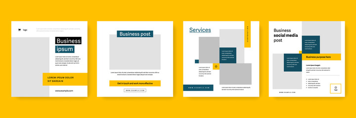 business social media layouts with yellow and green accent, corporate templates for instagram and facebook, simple editable marketing graphics