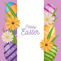 happy easter lettering card with eggs painted and flowers frame