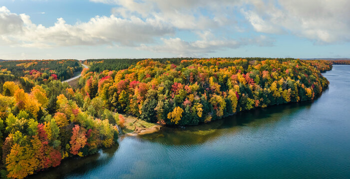 Colorful Autumn scenic drive to Hodenpyl Dam Scenic Turnout - Central Michigan