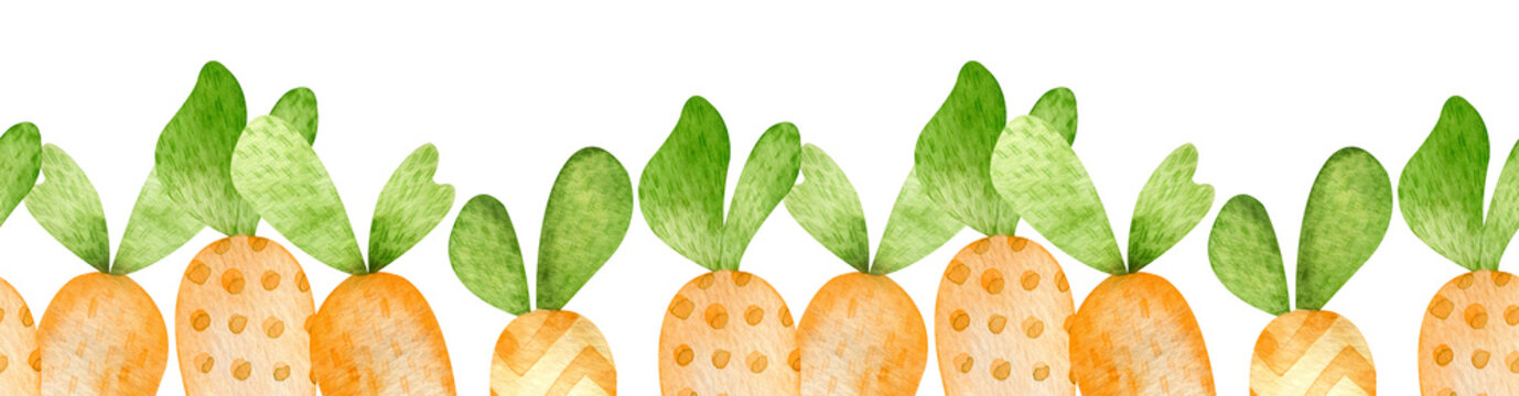 Watercolor seamless border of cartoon style orange carrots. Happy Easter hand-painted header. Carrots for Easter Bunny.