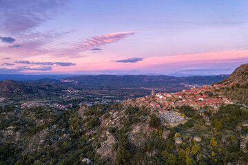 Drone aerial panorama view of Monsanto historic village at sunset, in Portugal