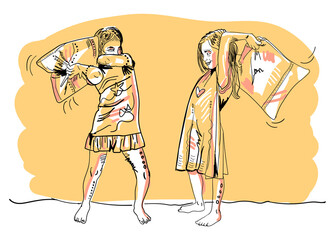 Artistic illustration of two cute girl friends playing together having pillow fight. Vector black lines and yellow and peach shadings. 
