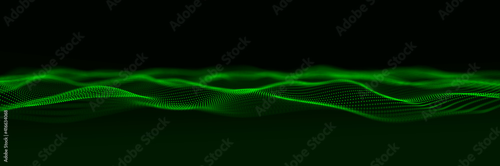 Poster Green futuristic wave. Technology background. 3D visualization of big data. Analytical presentation. 3D rendering.