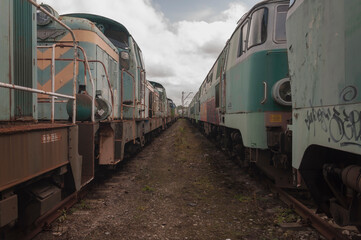 Fototapeta na wymiar Abandoned train graveyard in Łódź, Poland