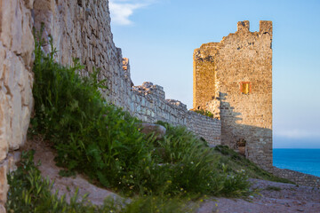 Fototapeta premium The tower of Crisco (Christ tower) in the Genoese fortress in Feodosia, XIV century, Eastern Crimea. 