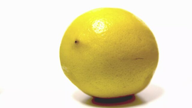 Yellow Lemon with shadow on a white table, rotation 360 degrees. White background.Ultra high definition .