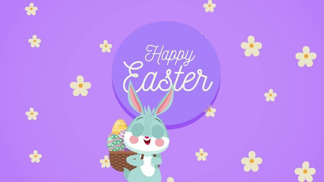 happy easter day lettering with rabbit lifting eggs in basket