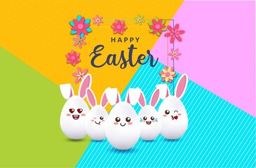  Illustration of Happy Easter Holiday with Painted Egg, Rabbit Ears and Flower on Colorful Background. International Spring Celebration Design with Typography for Greeting Card, Party Invitation